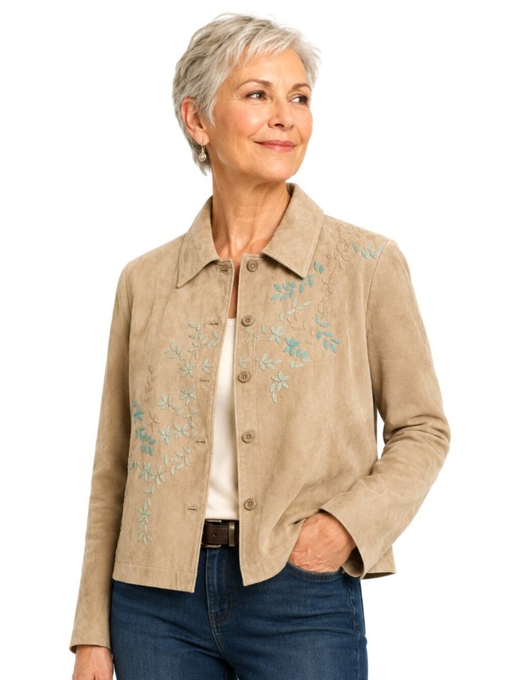 Coldwater Creek Beige Blue Suede Flower Petal Applique Jacket
